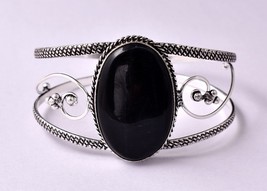 Handmade Silver Polished Genuine Black Obsidian Ethnic Cuff Bracelet Women Gift - £22.25 GBP