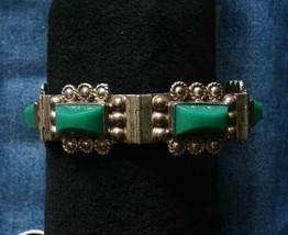 Fabulous Handcrafted Green Stone Mexican Sterling Silver Bracelet 7 1/4&quot; - £80.08 GBP