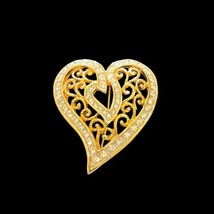 Brooch Textured Gold Tone Heart Shaped Filigree Clear Crystals Pin 1.5” ... - $14.96