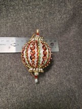 Vintage Beaded Christmas Ornament White Satin Red Sequins Push Pin Gold - £10.40 GBP