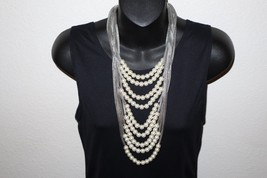Faux Pearl 9 Strand Graduating Rope Necklace Silver Tone Statement Runwa... - $15.00