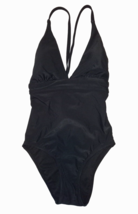 Time and Tru Woman&#39;s Black Ribbed One Piece V-Neck Swimsuit - Size: L (1... - $16.12