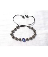 GLASS COBALT BLUE LUCKY EYE EVIL EYE ON HEMATITE with STEEL SPACER ADJ B... - €4,28 EUR