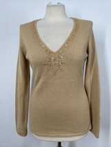 NWT INC International Concepts M Tan Brown Silk Angora Bead Sequin VNeck Sweater - £25.81 GBP