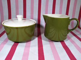 Groovy Mid Century Modern Avocado &amp; White Pottery 3pc Cream and Sugar Bowl Set - £7.90 GBP