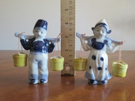 Vintage Japan Dutch Boy Girl Blue White Pail Milk Maid Water Buckets Yoke - $28.49