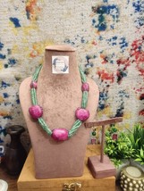 VeroniQ Trends-Mid-Century Vintage Necklace in Ruby Pink Druzy-Green Onyx Beads - £131.41 GBP