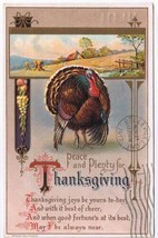 Holiday Postcard Embossed Thanksgiving Turkey Wheat Field Peace &amp; Plenty 1912 - $2.05