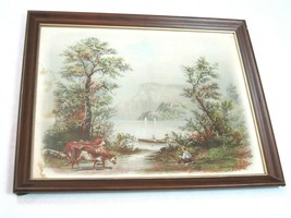 Antique RAYMOND Litho Art Print Country Lake Mountain Cattle Boat 22x18 ... - £117.94 GBP