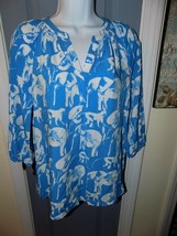 Crown &amp; Ivy Bright Blue/White Elephant Shirt 3/4 Sleeves Size XS Women&#39;s EUC - $20.44