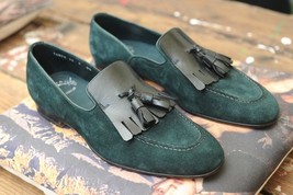Handmade Sacramento Green Slip On Stylish Kiltie Loafers Suede Leather Shoes - £101.59 GBP