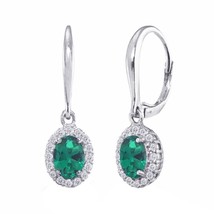 14K White Gold Plated Simulated Green Emerald, Diamond Oval Dangle Halo ... - £51.70 GBP
