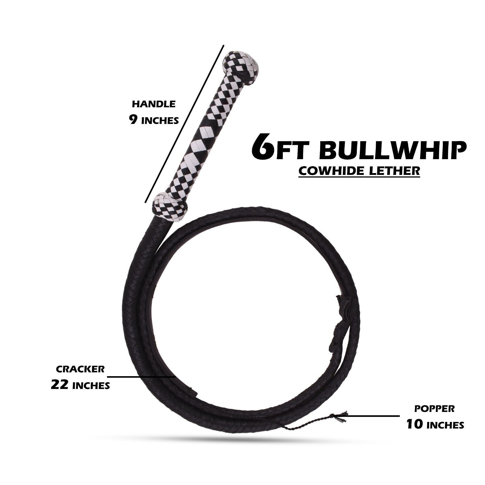 Indiana Jones Bullwhip Genuine Leather Black 6 Feet Long 12 Plait Bull Whip - €23,68 EUR