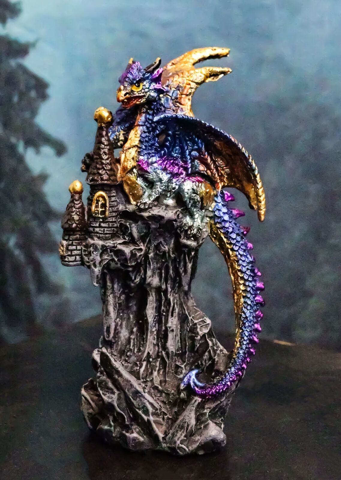 Iridescent Blue Wyrmling Dragon On Rocky Mountain Treasure Castle Top Fi... - $17.99