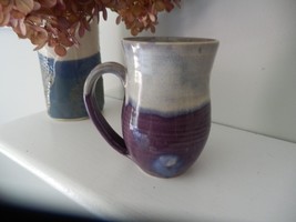 NICE Prince Edward Island Pottery MUG 10 Oz Purple &amp; Beige/Gray W/ Handle SIGNED - $14.84