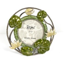 Round Picture Frame Bijou Green Enamel Crystals 3x3 Silver Lily Pads - $25.73