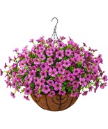 Artificial Faux Hanging Plants Flowers Basket Outdoor Porch Garden, Purple - $35.96