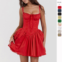Suspender Dress Summer Fashion Lace-Up Slim Waist Pleated Short Dresses ... - £24.14 GBP+