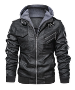 Men&#39;S Pu Faux Leather Jacket with Removable Hood Black XXL - €83,62 EUR