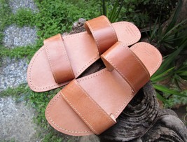 Men&#39;s Handmade Greek Leather Two Strap Slide Sandals - £33.57 GBP