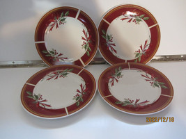 4 FOUR CHRISTMAS BREAD OR DESSERT PLATES RED BORDER GIBSON CHINA HOLLIES... - £7.96 GBP