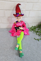 Halloween Fairy Witch Posable Elf 19&quot; Holding Black Cat Pink Green Decor... - $45.99