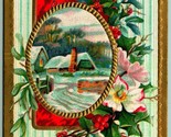 Flowers and Holly Cabin Scene A Happy Christmas Gilt Embossed DB Postcar... - $6.88