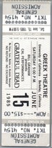 Grateful Dead Untorn Concierto Ticket Stub June 15 1985 Berkeley de California - £58.11 GBP
