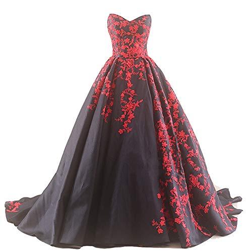 Kivary Gothic Black Satin and Wine Red Lace A Line Long Prom Wedding Dresses Cus