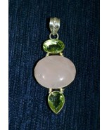VINTAGE 925 STERLING SILVER NATURAL ROSE QUARTZ &amp; PERIDOTE STONE PENDANT - €34,06 EUR