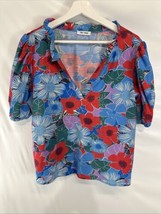 Day + Moon Popover Blouse Tropical Colorful Floral Short Sleeve M - £14.58 GBP