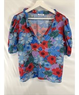 Day + Moon Popover Blouse Tropical Colorful Floral Short Sleeve M - $331.46 MXN
