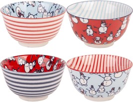 Set of 4 Assorted 4.5  Red-Blue And Red-Light Blue Snowman Bowls - £33.76 GBP