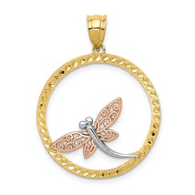 14K Gold Yellow, Rose &amp; Rhodium Plated Dragonfly Pendant Charm 31mm x 24mm - $195.78