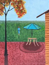 Painting  Backyard Patio Tree Woman Alone Table Autumn Fall Original Signed Art - $29.28