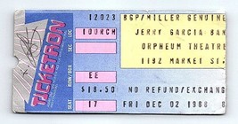 Jerry Garcia Fascia Concerto Ticket Stub Dicembre 2 1988 San Francisco - $49.48