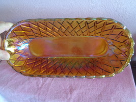 Carnival Glass Iridescent Bowl Dish Merigold Elongated Oval Gold Serving... - $39.99