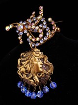 Vintage Locket / rhinestone brooch / chatelaine pin / Austrian mucha Goddess / s - £67.16 GBP