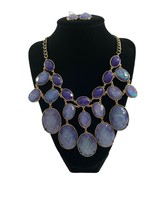 Statement Bib Necklace Dangle Earrings Set Faceted Purple Acrylic Gold Tone - £11.87 GBP
