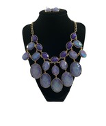 Statement Bib Necklace Dangle Earrings Set Faceted Purple Acrylic Gold Tone - £11.64 GBP