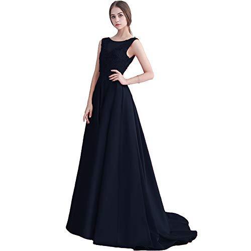 Bateau Beaded Lace Appliques A Line Long Prom Evening Dresses Dark Navy US 4