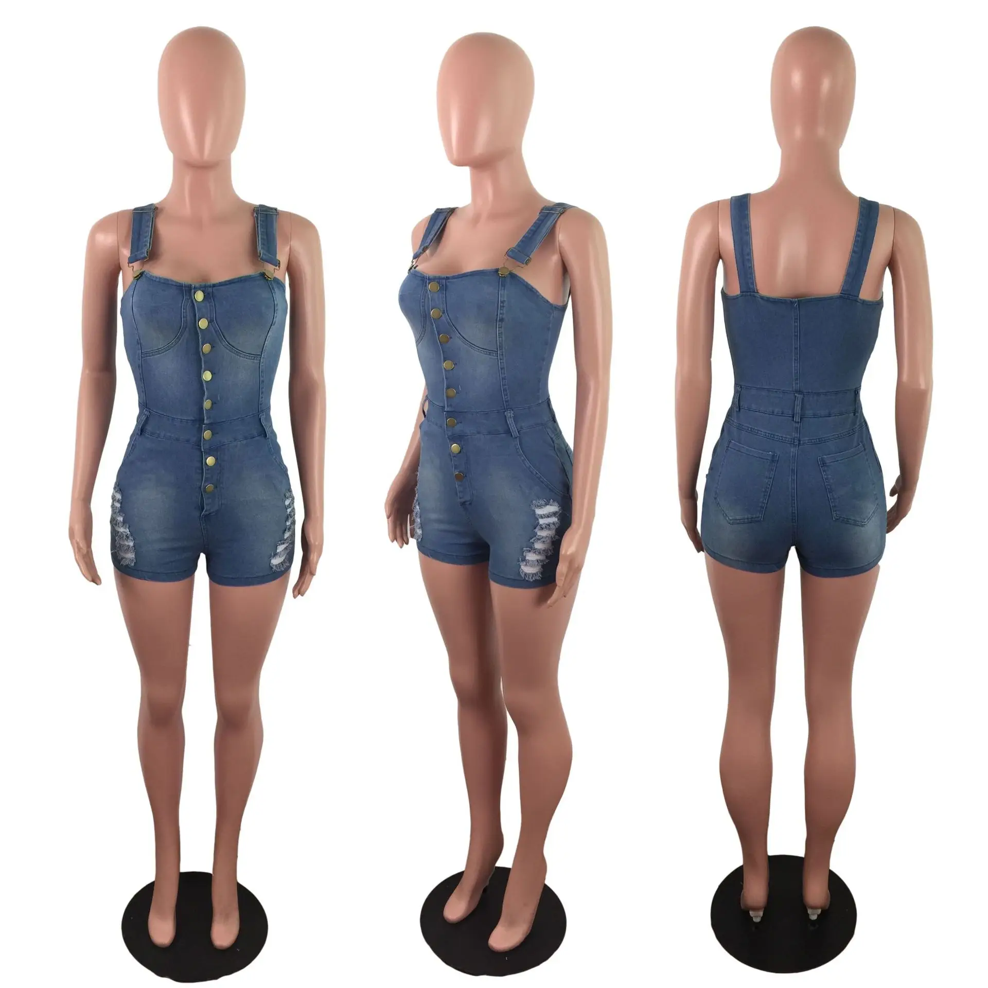   Denim Overalls for Women Summer Spaghetti Straps Sleeveless Skinny Shorts Romp - £107.44 GBP