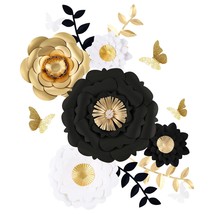 3D Paper Flower Decorations(Set Of 13, White Black Gold), Giant Paper Fl... - £23.32 GBP