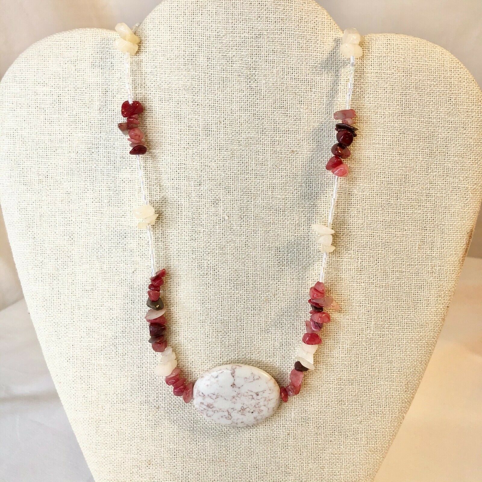Handcrafted Beaded Necklace White & Pink Stones Large Marbles Beads Texture NEW - £19.47 GBP