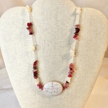 Handcrafted Beaded Necklace White &amp; Pink Stones Large Marbles Beads Text... - £19.46 GBP