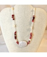 Handcrafted Beaded Necklace White &amp; Pink Stones Large Marbles Beads Text... - £19.55 GBP