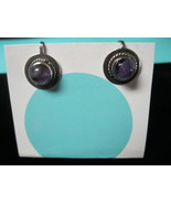 Genuine Dark Purple Cabochon AMETHYST Screw Back EARRINGS in Silver - Vintage  - £27.97 GBP