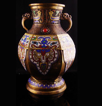 Antique Vase Chinese Champleve Enamel  Elephant handles ASIAN oriental Urn with  - £259.79 GBP