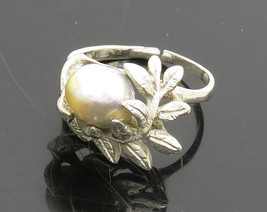 14K GOLD - Vintage Shiny Blue Pearl Floral Leaf Motif Band Ring Sz 7 - GR064 - £324.15 GBP