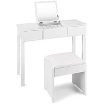 White Vanity Makeup Dressing Table Writing Desk with Flip Top Mirror and Stool - £195.18 GBP